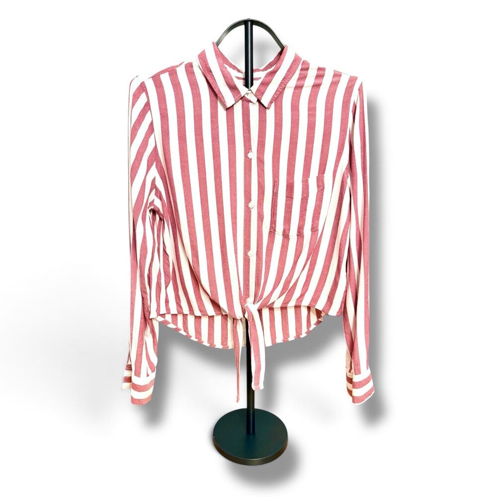 Rails Red White Striped Tie Front Button Down Shirt Size M Rayon